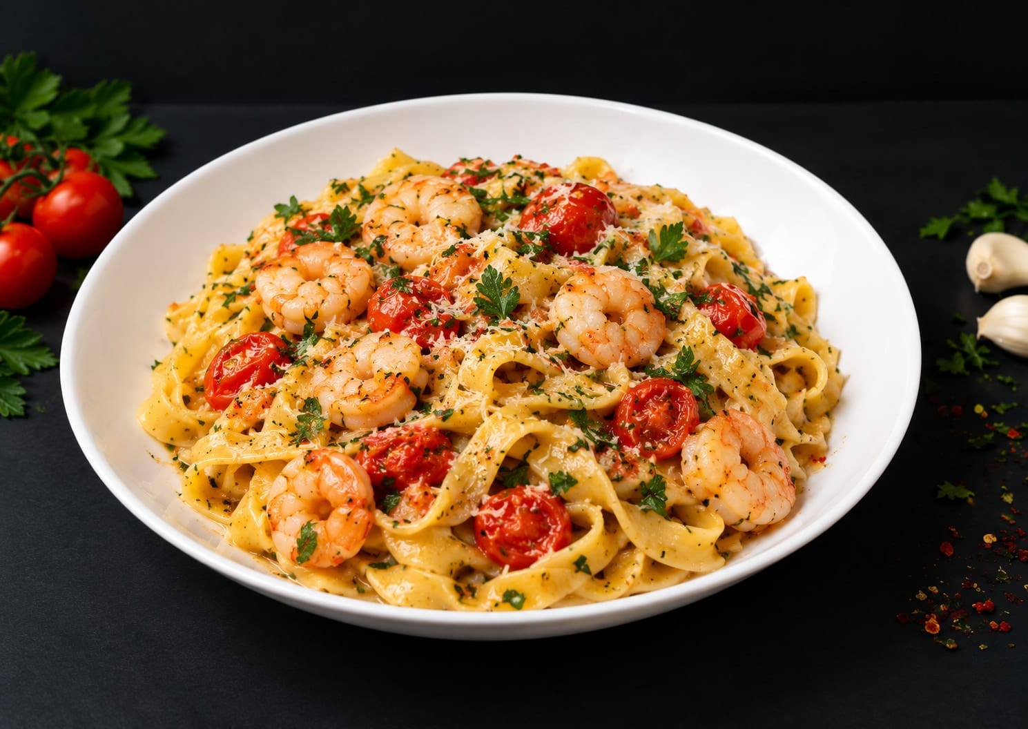 Tagliatelle cu creveți și roșii cherry